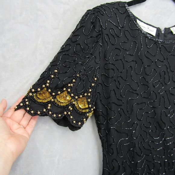 Laurence Kazar Black Gold Beaded Sequin Evening Dress Mini Short Sleeve Silk S - Picture 6 of 13
